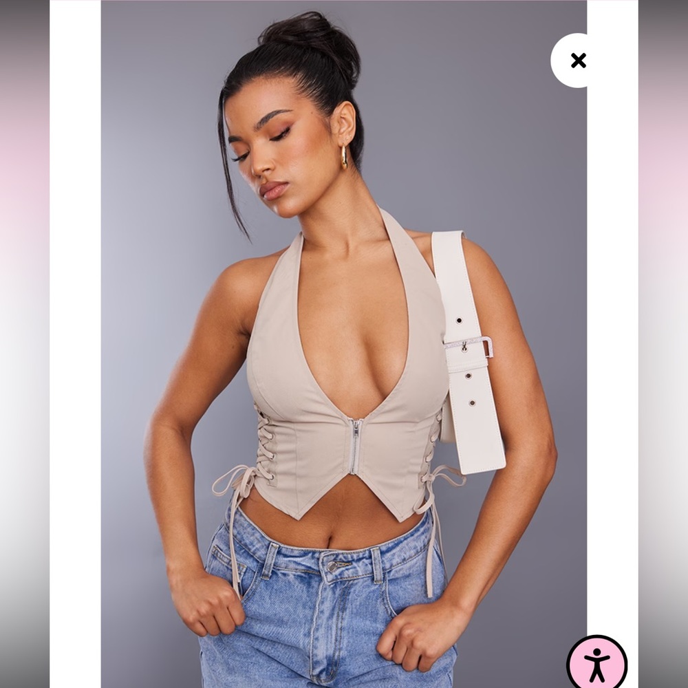 Pretty Little Thing Stone Cargo Lace Up Side Zip Up Crop Top